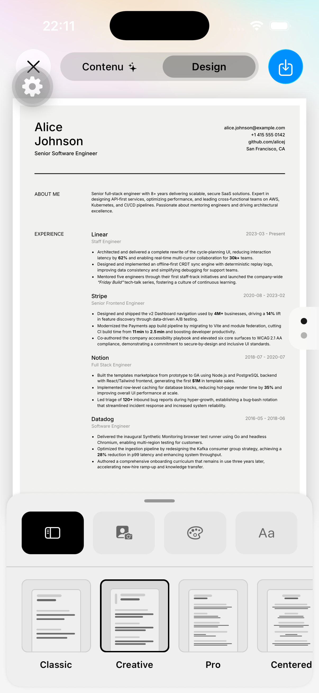 Style picker — six layouts, colors, typefaces
